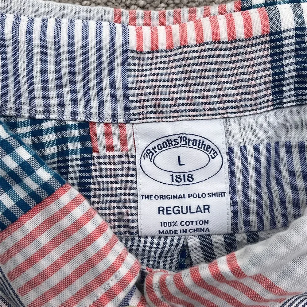 Brooks Brothers Shirt Men L Red Blue Check Plaid Gingham‎ OCBD Patchwork